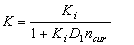 Equation 1. The bulk modulus, K, equals nonporous bulk modulus, K subscript I, divided by 1 plus the product of K subscript I times the material constant controlling the stiffness before the air voids are collapsed, D subscript 1, times the current porosity of the soil, N subscript cur.