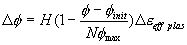 Equation 10. The change in friction angle, phi, equals the input parameter, H, times the sum of 1 minus phi minus phi subscript init divided by N times phi subscript max, times the change in effective plastic strain, E subscript eff plas.