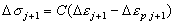 Equation 19. The change in sigma subscript J plus 1 equals C times the sum of the change in E subscript J plus 1 minus the change in E subscript P subscript J plus 1.