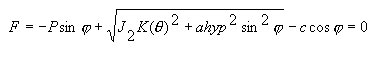 Equation 20. F equals negative P times the sine of phi plus the square root of the following: J subscript 2 times K theta squared, plus parameter AHYP, squared, times the sine, squared, of theta. Then subtract C times the cosine of theta, and this equals 0.