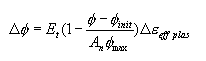 Equation 22. The change in friction angle, phi, equals the input parameter, E subscript T, times the sum of 1 minus phi minus phi subscript init divided by a fraction of the peak strength internal friction angle where nonlinear behavior begins, A subscript N, times phi subscript max, times the change in effective plastic strain, E subscript eff plas.