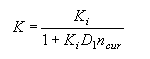 Equation 23. The bulk modulus, K, equals nonporous bulk modulus, K subscript I, divided by 1 plus the product of K subscript I times the material constant controlling the stiffness before the air voids are collapsed, D subscript 1, times the current porosity of the soil, N subscript cur.