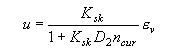 Equation 26. U equals the total volumetric strain, E subscript V, times the quotient of the bulk modulus for soil without air voids (skeletal bulk modulus), K subscript SK, divided by the sum of 1 plus the product of K subscript SK times the material constant controlling the pore-water pressure before the air voids are collapsed, D subscript 2, times the current porosity, N subscript cur.