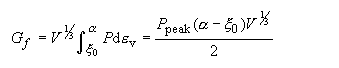 Equation 32. The void formation parameter, G subscript F, equals the cube root of the element volume, V, times the integral of the pressure, P, with respect to the volumetric strain, E subscript V. The integration is performed from volumetric strain at peak pressure, E subscript VP, to alpha. The result of this integration equals P subscript peak times the quantity alpha minus E subscript VP times the cube root of V, all divided by 2.