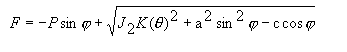 Equation 34. F equals negative P times the sine of phi plus the square root of the following: J subscript 2 times K theta squared, plus the product of a parameter for determining how close the modified surface is fitted to the standard Mohr-Coulomb yield surface, A, squared, times the sine, squared, of theta. Then subtract C times the cosine of theta, and this equals 0.