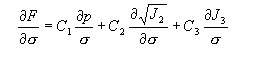 Equation 35. Partial F divided by Partial sigma equals C subscript 1 times the quotient of Partial P divided by sigma, plus C subscript 2 times the quotient of Partial times the square root of J subscript 2 divided by Partial sigma, plus C subscript 3 times the quotient of Partial J subscript 3 divided by sigma.