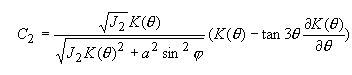 Equation 37. C subscript 2 equals the quotient of the square root of J subscript 2 times K theta divided by the square root of the following: J subscript 2 times K theta plus A squared plus the sine, squared, of theta. Then multiply that by K theta minus the tangent of 3 theta times the quotient of Partial K theta divided by Partial theta.