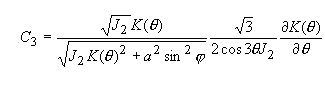 Equation 38. C subscript 3 equals the quotient of the square root of J subscript 2 times K theta divided by the square root of the following: J subscript 2 times K theta plus A squared plus the sine, squared, of theta. Then multiply that by the quotient of the square root of 3 divided by 2 times the cosine of 3 theta J subscript 2, times the quotient of Partial K theta divided by Partial theta.