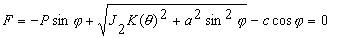 Equation 4. F equals negative P times the sine of phi plus the square root of the following: J subscript 2 times K theta squared, plus the product of a parameter for determining how close the modified surface is fitted to the standard Mohr-Coulomb yield surface, A, squared, times the sine, squared, of theta. Then subtract C times the cosine of theta, and this equals 0.