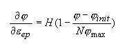 Equation 41. Partial phi divided by Partial E subscript EP equals H times the following: 1 minus the quotient of phi minus phi subscript init divided by N times phi subscript max.