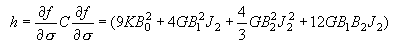 Equation 42. H equals Partial F divided by Partial sigma times C times Partial F divided by Partial sigma, which equals 9 times KB subscript 0 squared plus 4 times GB subscript 1 squared times J subscript 2 plus four-thirds times GB subscript 2 squared times J subscript 2 squared plus 12 times GB subscript 1 times B subscript 2 times J subscript 2.