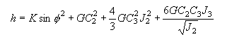 Equation 46. H equals K times the sine of theta squared, plus GC subscript 2 squared, plus four-thirds times GC subscript 3 squared times J subscript 2 squared plus the quotient of 6 times GC subscript 2 times C subscript 3 times J subscript 3 divided by the square root of J subscript 2.