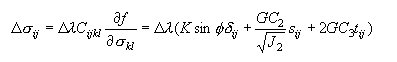 Equation 47. The change in sigma subscript IJ equals the change in Lambda times C subscript IJKL times the quotient of Partial F divided by Partial sigma subscript KL, which equals the change in Lambda times the following: K times the sine of theta times Kronecker delta subscript IJ plus the quotient of GC subscript 2 divided by the square root of J subscript 2, times S subscript IJ plus 2 times GC subscript 3 times T subscript IJ.