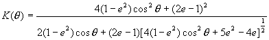 Equation 5. The standard Mohr-Coulomb K theta function equals the quotient of 4 times the sum of 1 minus E squared, times the cosine, squared, of theta, plus the square of the sum of 2 times E minus 1, all divided by 2 times the sum of 1 minus E squared, times the cosine of theta, plus the sum of 2 times E minus 1 times the following, raised to the half power: 4 times the sum of 1 minus E squared, times the cosine, squared, of theta, plus 5 times E squared minus 4 times E.