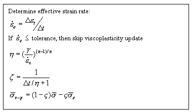Figure 22. Viscoplasticity update. Instructions. Determine effective strain rate: E dot subscript E equals the change in E subscript T divided by the change in T. If E dot subscript E is less than or equal to tolerance, then skip viscoplasticity update. N equals the quotient, raised to the N minus 1 divided by N power, of Lambda divided by E dot subscript E. Psi equals 1 divided by the change in T divided by N plus 1. Sigma bar subscript V-P equals 1 minus psi times sigma bar minus psi times sigma bar subscript E.