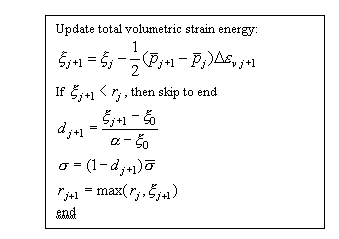 Figure 23. Damage update. Instructions. Update total volumetric strain energy: Psi subscript J plus 1 equals psi subscript J minus one-half times the sum of P bar subscript J plus 1 minus P bar subscript J, times the change in E subscript V subscript J plus 1. If psi subscript J plus 1 is less than R subscript J, then skip to end. D subscript J plus 1 equals psi subscript J plus 1 minus US subscript 0 divided by the sum of alpha minus psi subscript 0. Sigma equals sigma bar times the sum of 1 minus D subscript J plus 1. R subscript J plus 1 equals the maximum of R subscript J, psi subscript J plus 1, end. 