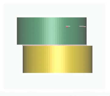 Figure 30. Analysis results for DS-4 deformation. Image. This image shows two rectangular blocks running lengthwise. One is off-center on top of the other, and they are separated by a thin red line. The top block is a green hue; the color is darkest at the left side, it fades moving in toward the center of the block, then it darkens again as it moves toward the right side of the image. There are a few white scratches on the right side of the block. The block below is identical, with the exception that the hue is yellowish and there are no scratches on its surface.