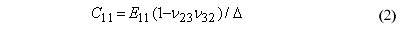 This equation reads C subscript 11 equals times the product of E subscript 11 and the quantity 1 minus Impact Velocity subscript 23  times  Impact Velocity subscript 32, all over delta.