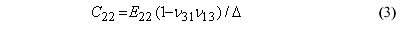 This equation reads C subscript 22 equals E subscript 22 times the quantity 1 minus Impact Velocity subscript 31 times Impact Velocity subscript 13, all over delta.