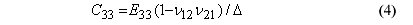 This equation reads C subscript 33 equals E subscript 33 times the quantity 1 minus Impact Velocity subscript 12 times Impact Velocity subscript 21, all divided by delta.