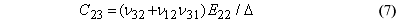 This equation reads C subscript23 equals  the quantity of the sum of Impact Velocity subscript 32 plus the product of Impact Velocity subscript 12 times Impact Velocity subscript 31, end quantity, times E subscript 22, all divided by delta.