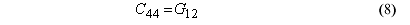 This equation reads C subscript 44 equals G subscript 12.