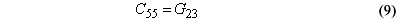 This equation reads C subscript 55 equals G subscript 23.