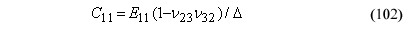 This equation reads C subscript 11 equals the product of Capital E subscript 11 times parenthesis 1 minus the product of IMPACT VELOCITY subscript 23 times IMPACT VELOCITY subscript 32 parenthesis divided by Delta.