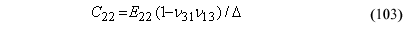 This equation reads C subscript 22 equals the product of Capital E subscript 22 times parenthesis 1 minus the product of IMPACT VELOCITY subscript 31 times IMPACT VELOCITY subscript 13 parenthesis divided by Delta.