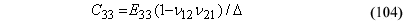 This equation reads Capital C subscript 33 equals E subscript 33 parenthesis 1 minus the product of IMPACT VELOCITY subscript 12 times IMPACT VELOCITY subscript 21 parenthesis divided by Delta.