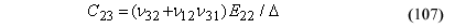 This equation reads Capital C subscript 23 equals the product of parenthesis IMPACT VELOCITY subscript 32 plus the product of IMPACT VELOCITY subscript 12 times IMPACT VELOCITY subscript 31 parenthesis times E subscript 22 divided by Delta.