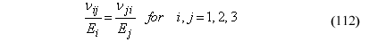 This equation reads Poisson's ratio over normal moduli subscript I equals Poisson's ratio over normal moduli subscript j for i, j equals 1, 2, 3.