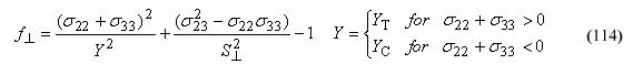 This equation reads Perpendicular yield surface function equals parenthesis orthotropic stress component subscript 22 plus orthotropic stress component subscript 33 parenthesis superscript 2 over general perpendicular wood strength superscript 2 plus parenthesis orthotropic stress component subscript 23 superscript 2 minus orthotropic stress component subscript 22 times orthotropic stress component subscript 33 parenthesis over perpendicular shear strength superscript 2 minus 1. General perpendicular wood strength equals perpendicular tension wood strength when orthotropic stress component subscript 22 plus orthotropic stress material subscript 33 is greater than zero and general perpendicular wood strength equals perpendicular compression wood strength when orthotropic stress component subscript 22 plus orthotropic stress material subscript 33 is less than zero.
