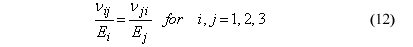 This equation reads Poisson's Ratios over Normal Moduli subscript I equals Poisson's Ratios over Normal Moduli subscript j for I, when j equals 1,2, 3.