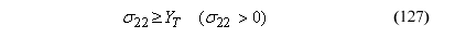 This equation reads Orthotropic stress component subscript 22 is greater than or equal to perpendicular tension wood strength when orthotropic stress component subscript 22 is greater than zero.