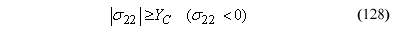 This equation reads the absolute value of Orthotropic stress component subscript 22 is greater than or equal to perpendicular compression wood strength when orthotropic stress component subscript 22 is less than zero.