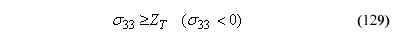 This equation reads Orthotropic stress component subscript 33 is equal to or greater than Capital Z subscript Capital T when orthotropic stress component subscript 33 is less than zero.