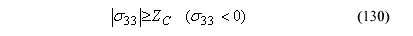 This equation reads the absolute value of Orthotropic stress component subscript 33 is equal to or greater than Capital Z subscript Capital C when orthotropic stress component subscript 33 is less than zero.