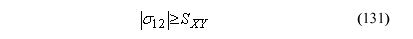 This equation reads the absolute value of Orthotropic stress component subscript 12 is greater than or equal to shear strength subscript Capital XY.