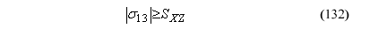 This equation reads the absolute value of orthotropic stress component subscript 13 is greater than or equal to shear strength subscript Capital XZ.