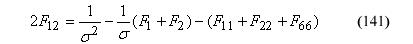 This equation reads the product of 2 times Capital F subscript 12 equals the quotient of 1 divided by stress component superscript 2 minus the product of the quotient 1 divided by stress component times parenthesis Capital F subscript 1 plus Capital F subscript 2 parenthesis minus parenthesis Capital F subscript 11 plus Capital F subscript 22 plus F subscript 66 parenthesis.