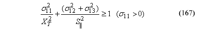 This equation reads the quotient of Orthotropic stress component subscript 11 superscript 2 divided by parallel wood strength tension superscript 2 plus the quotient of parenthesis orthotropic stress component subscript 12 superscript 2 plus orthotropic stress component subscript 13 superscript 2 parenthesis divided by parallel shear strength superscript 2 is greater than or equal to 1 when orthotropic stress component subscript 11 is greater than zero.