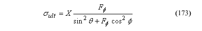 This equation reads Stress component subscript ULT equals the product of general parallel wood strength times the quotient of Capital F subscript lowercase phi divided by the sum of sine superscript 2 Capital theta plus F subscript lowercase phi cosine superscript 2 lowercase theta.