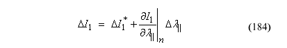 This equation reads delta Trial elastic stress invariant subscript 1 equals trial elastic increment subscript 1 plus the product of the quotient delta Trial elastic stress invariant subscript 1 divided by parallel plasticity consistency parameter evaluated at n times parallel plasticity consistency parameter.