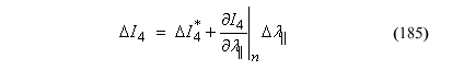 This equation reads Trial elastic stress invariant subscript 4 equals trial elastic stress invariant subscript 4 plus the product of the quotient of delta Trial elastic stress invariant subscript 4 divided by parallel consistency parameter evaluated at n times the parallel consistency parameter.