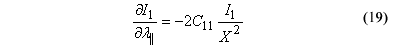 This equation reads lowercase delta I subscript 1 over lowercase delta parallel lambda equals negative 2 times C subscript 11 times stress invariant subscript 1 over general parallel wood strength superscript 2.