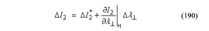 This equation reads delta Trial elastic stress invariant subscript 2 equals trial elastic increment subscript 2 plus the product of the quotient delta Trial elastic stress invariant subscript 2 divided by perpendicular plasticity consistency parameter evaluated at n times perpendicular plasticity consistency parameter.
