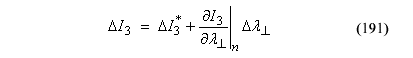 This equation reads delta Trial elastic stress invariant subscript 3 equals trial elastic increment subscript 3 plus the product of the quotient delta Trial elastic stress invariant subscript 3 divided by perpendicular plasticity consistency parameter evaluated at n times perpendicular plasticity consistency parameter.