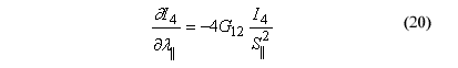 This equation reads lowercase delta I subscript 4 over lowercase delta parallel lambda equals negative 4 shear moduli of an orthotropic material subscript 12 stress invariant subscript 4 over parallel shear strength superscript 2.