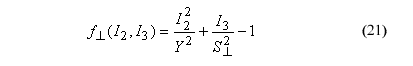 This equation reads Perpendicular yield surface as a function of isotropic stress invariant subscript 2, isotropic stress invariant subscript 3, equals isotropic stress invariant subscript 2 superscript 2 over perpendicular wood strength superscript 2 plus isotropic stress invariant subscript 3 over perpendicular shear strength superscript 2 minus 1.